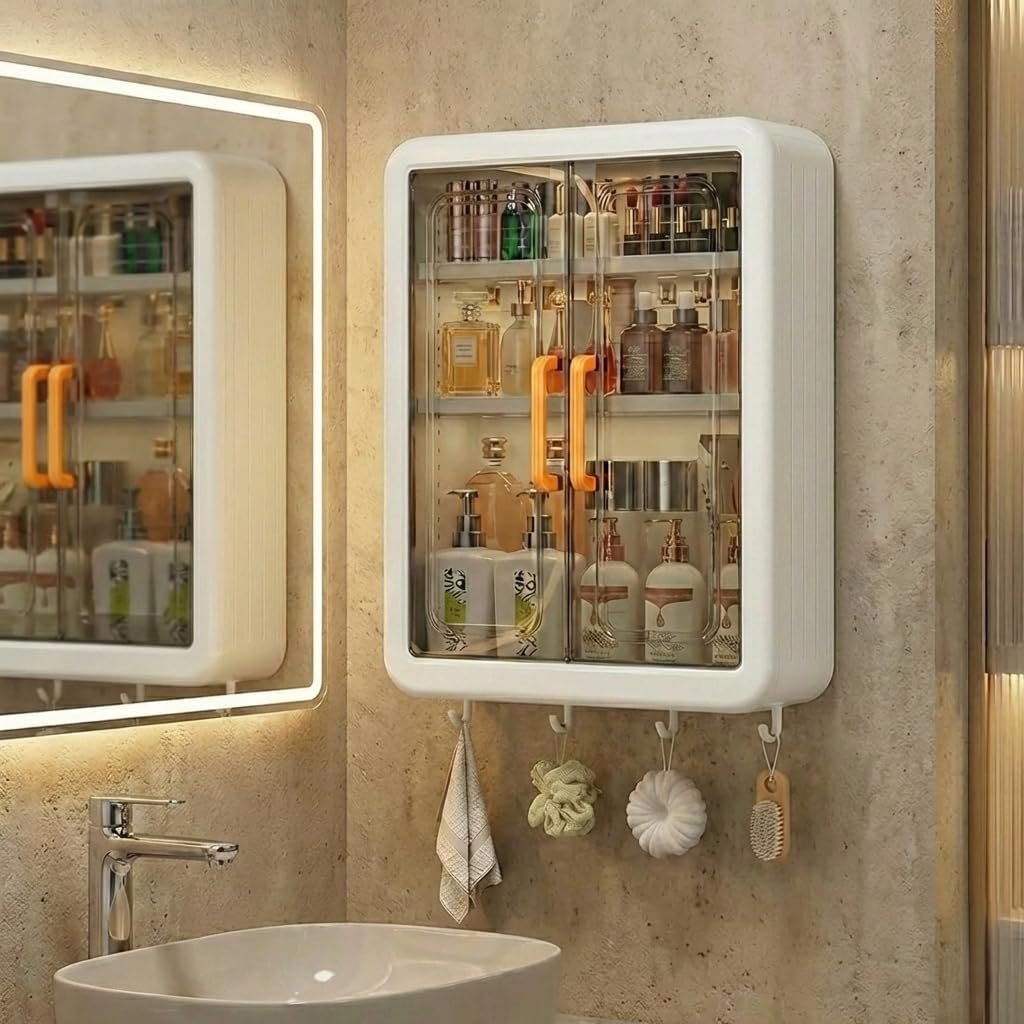 Wall Storage Cabinet for Home & Office, Multipurpose Wall Mounted Cabinet with Doors, Space Saving Storage Organizer for Kitchen, Bathroom, Bedroom & Living Room, Modern Utility Cabinet