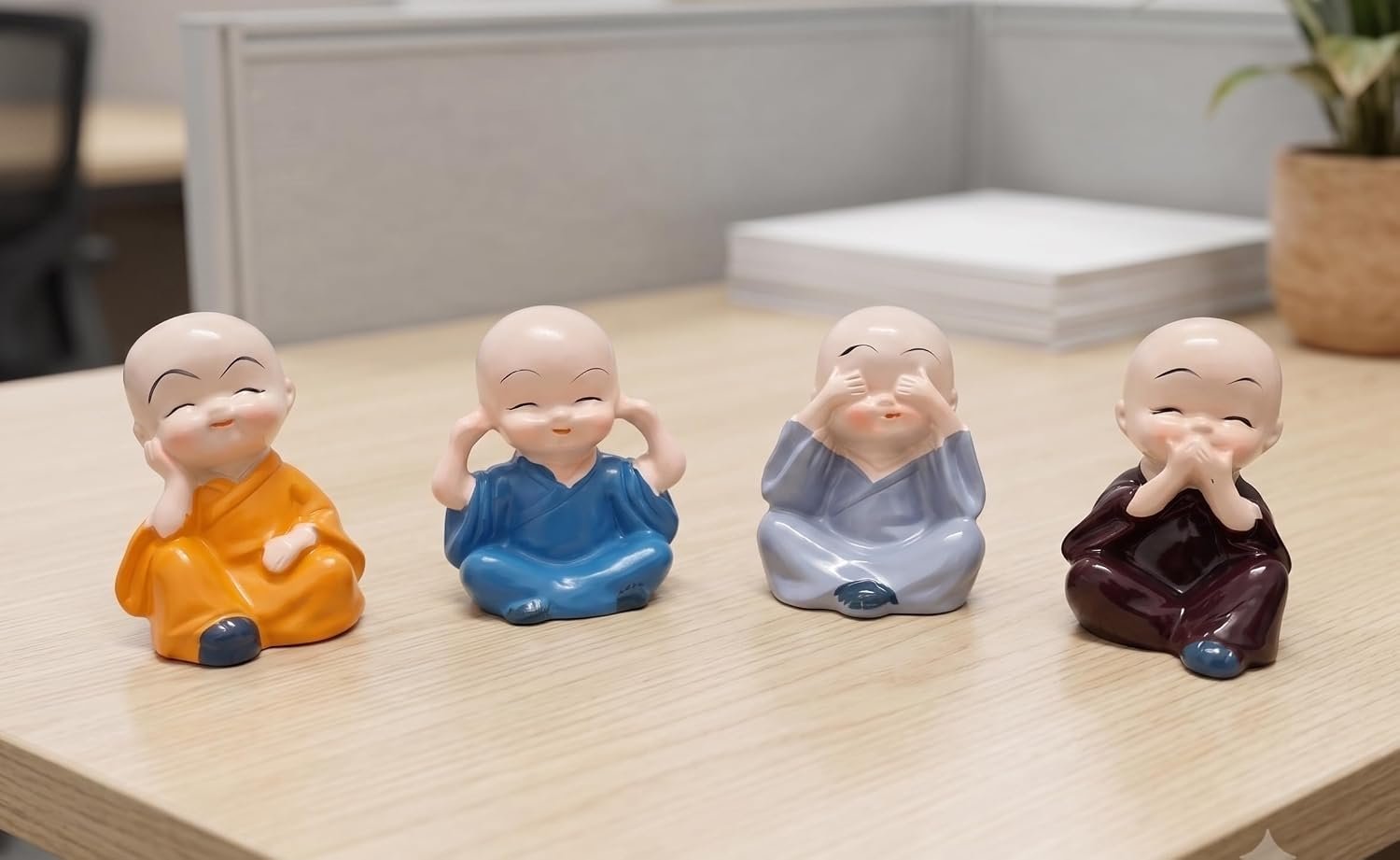 Buddha Monk Figurine Set of 4, Decorative Mini Monk Statues for Home, Office, Desk, Shelf and Meditation Room Decor, Cute Spiritual Style Showpiece Set for Gifting and Interior Decoration